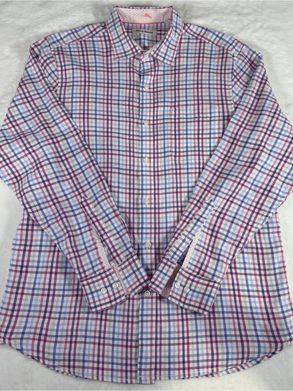 Tommy Bahama Men’s L Large Plaid Button Front Shirt Pink Blue Long Sleeve Cotton